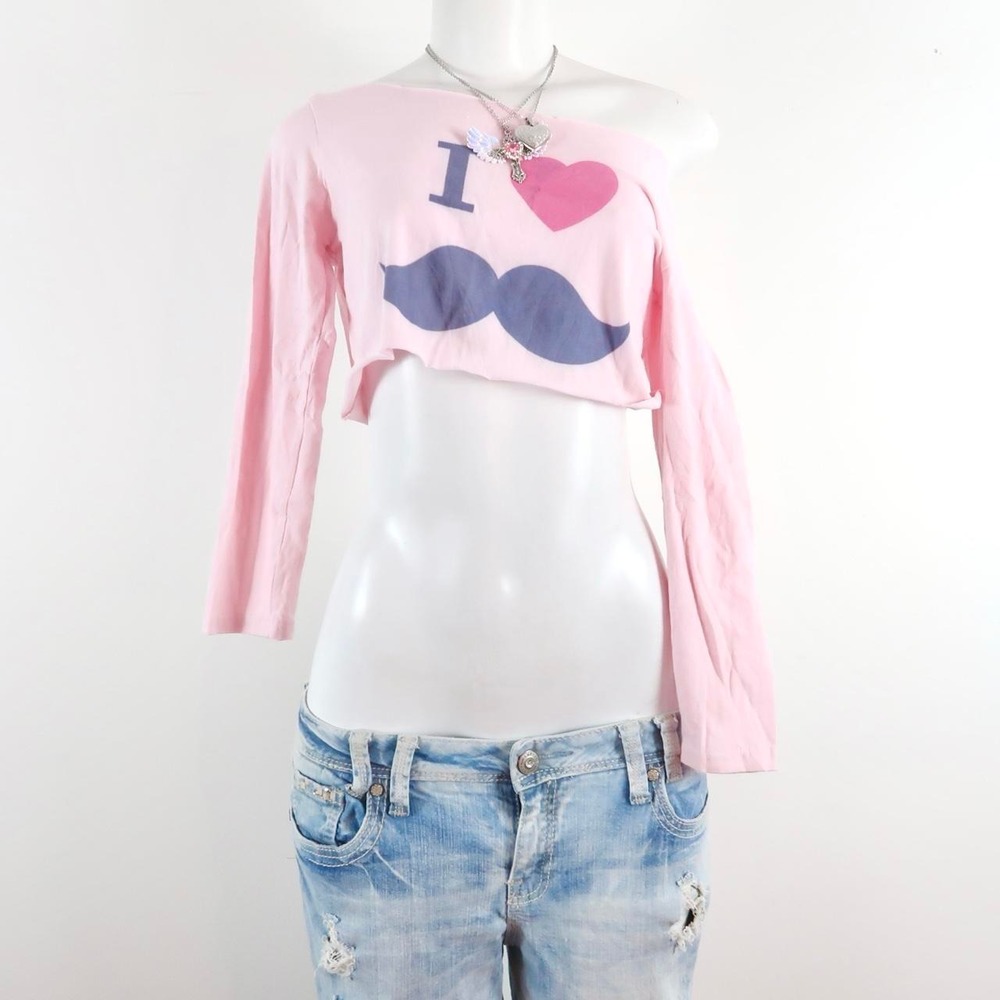 y2k pink i love mustache graphic cropped long sleeve top